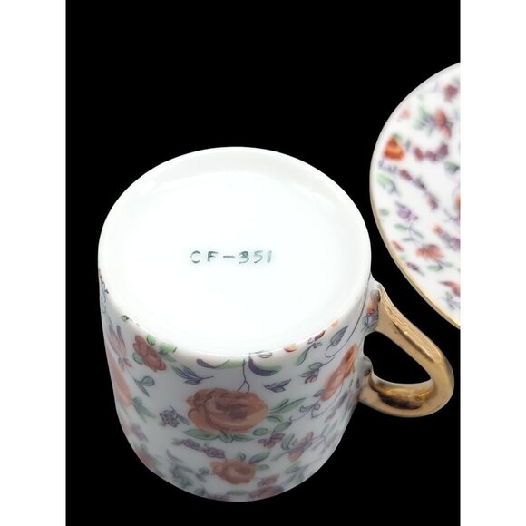 Demitasse Teacup & Saucer By Norcrest CF351 Red Rose Gold Trim Expresso Vintage - Picture 9 of 11